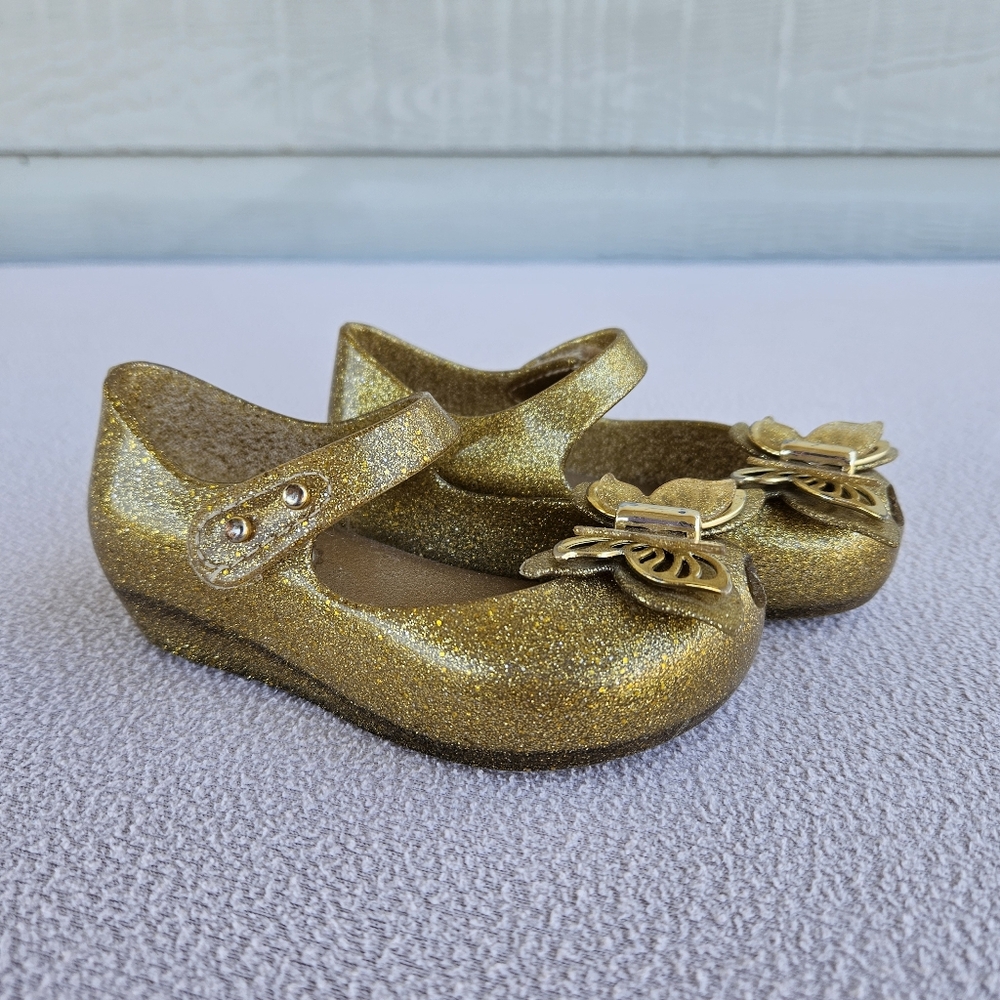 Mini Melissa Ultragirl Butterfly Gold Mary Jane Jelly Flats SZ 6 Hook & Loop